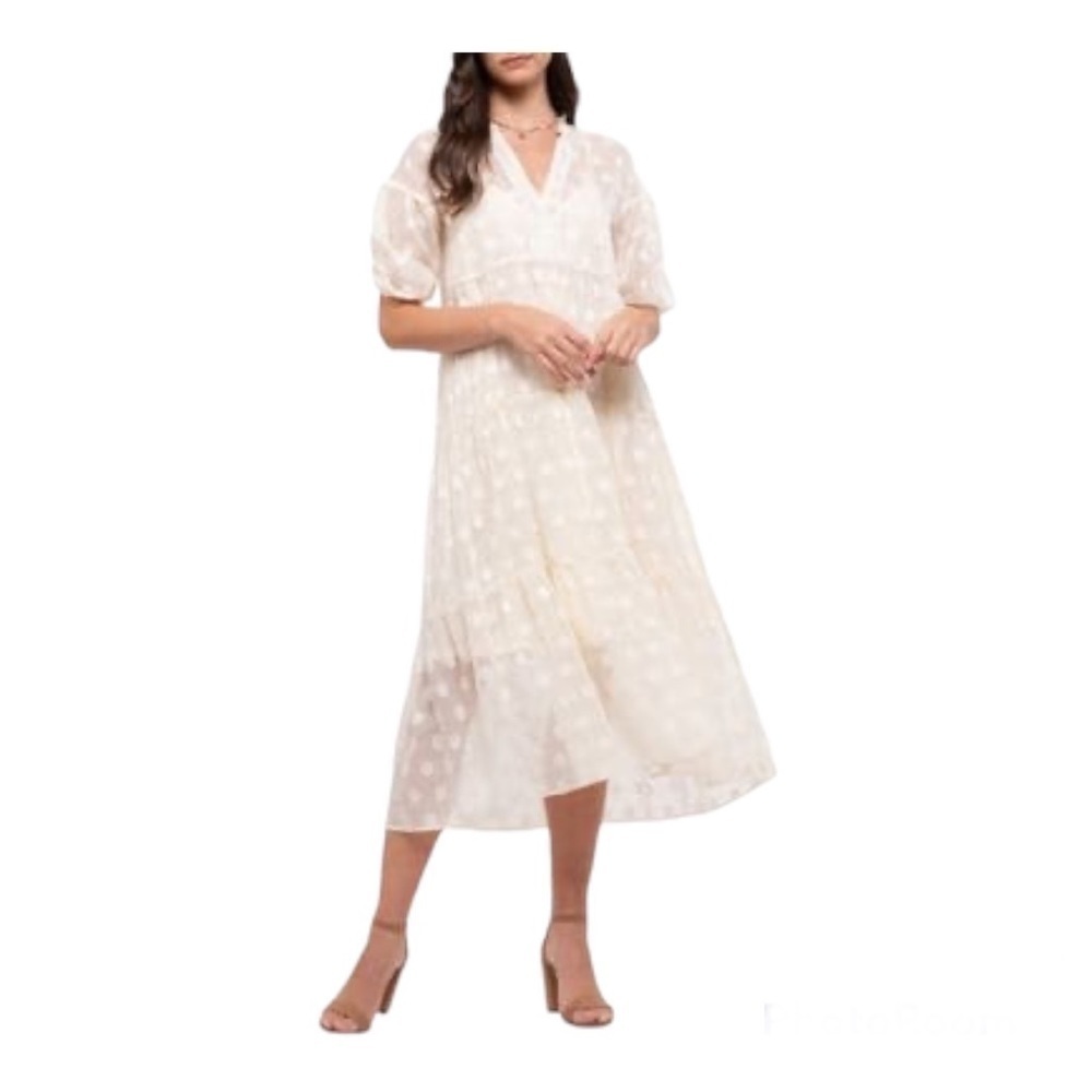 ANTHROPOLOGIE Moon River tiered babydoll polka dot midi dress Sheer V neck Small